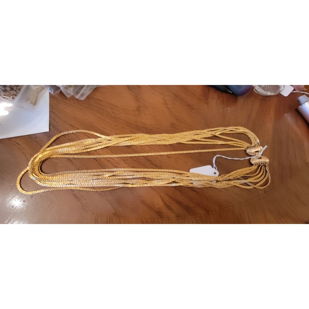 Vintage MONET 8 Row Multi Strand Satin Gold Tone Chain Bib Necklace 80's 28 in